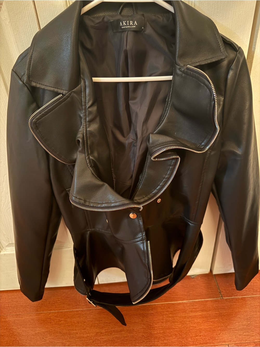 AKIRA Black Faux Leather Moto Biker Jacket with Silver Hardware